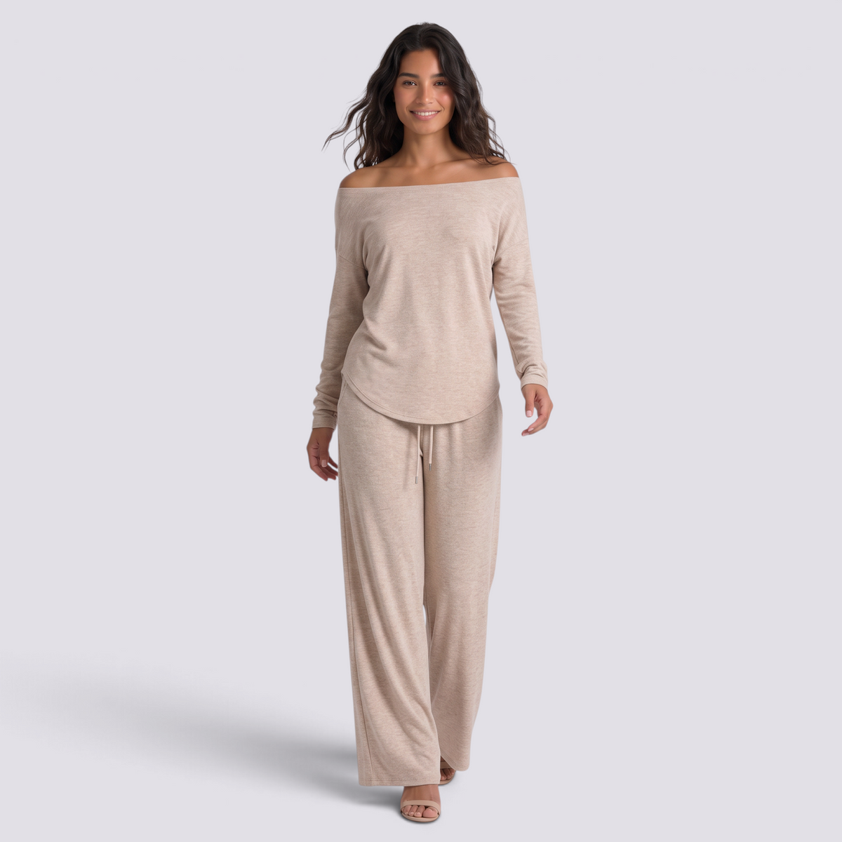 Conjunto Mujer Camiseta Hombros Descubiertos y Pantalón Ancho Albaricoque vista frontal