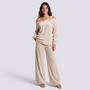 Conjunto Mujer Hombro Asimétrico y Pantalón Ancho - Beige - frontal