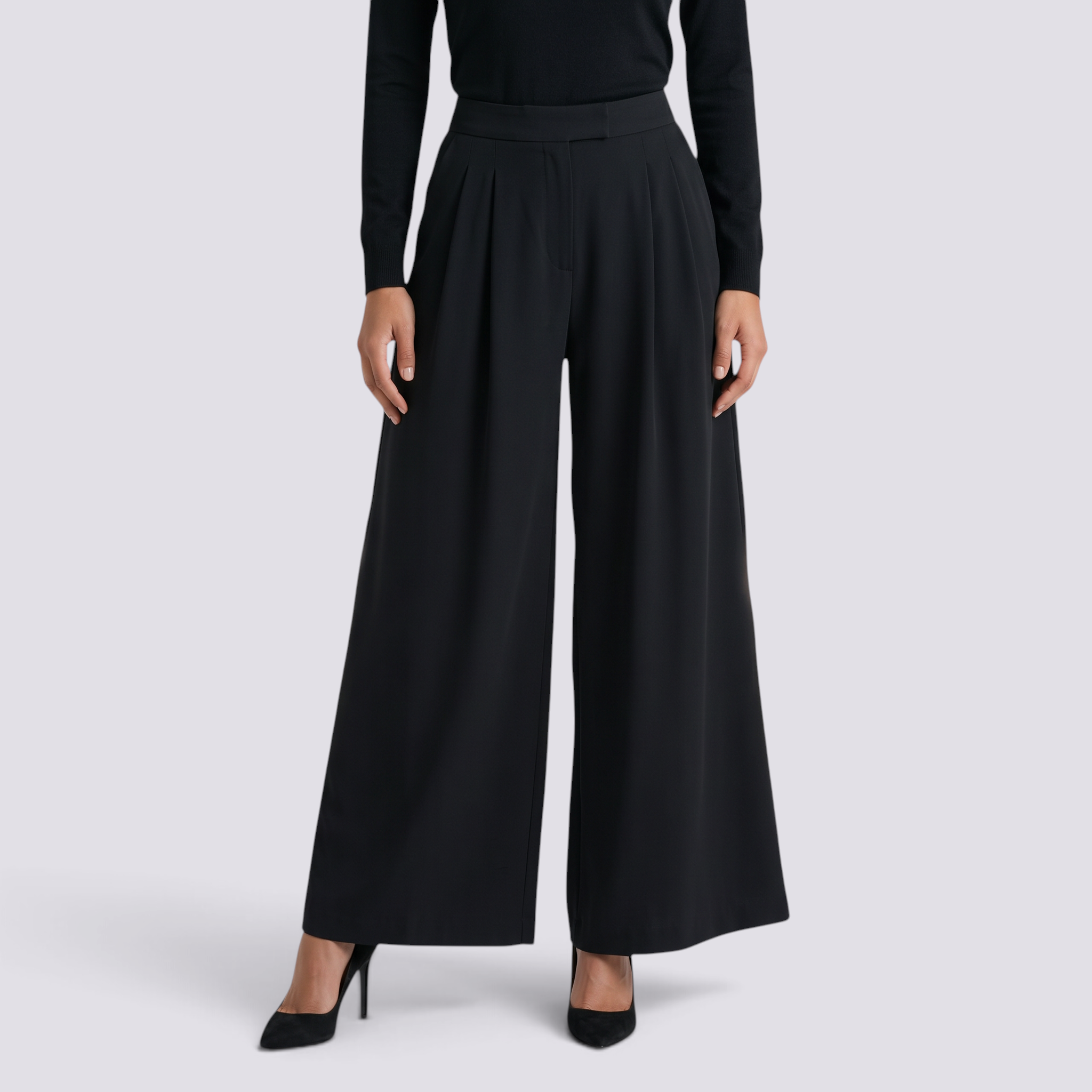 Pantalón Palazzo Plisado Mujer - Negro - Frontal