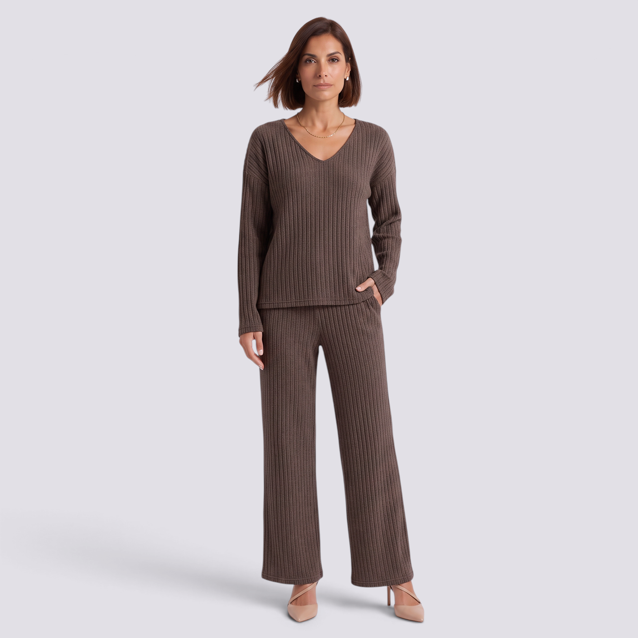 Conjunto Punto Mujer Pantalón Ancho - Café - Frontal