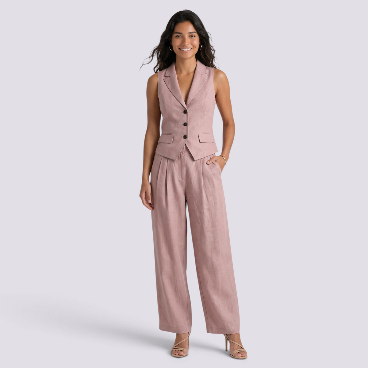 Conjunto Chaleco Sin Mangas Mujer Pantalon Ancho - Pink Front