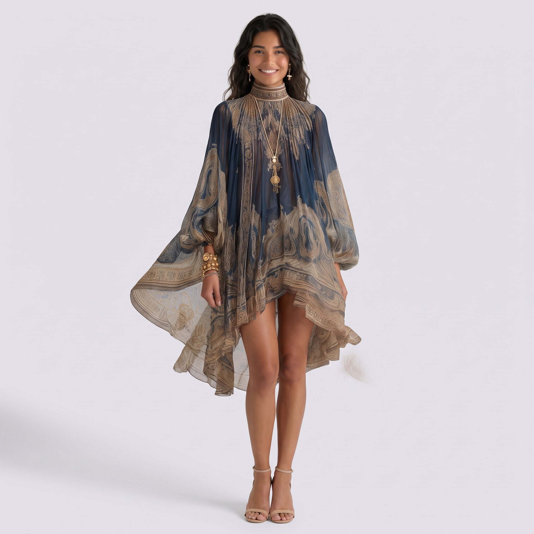 Vestido Cuello Alto Estampado Mujer Azul Marino - vista frontal