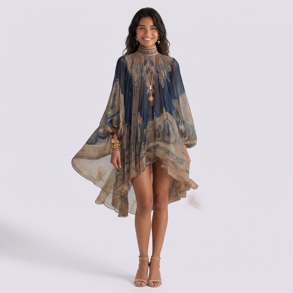 Vestido Cuello Alto Estampado Mujer Azul Marino - vista frontal