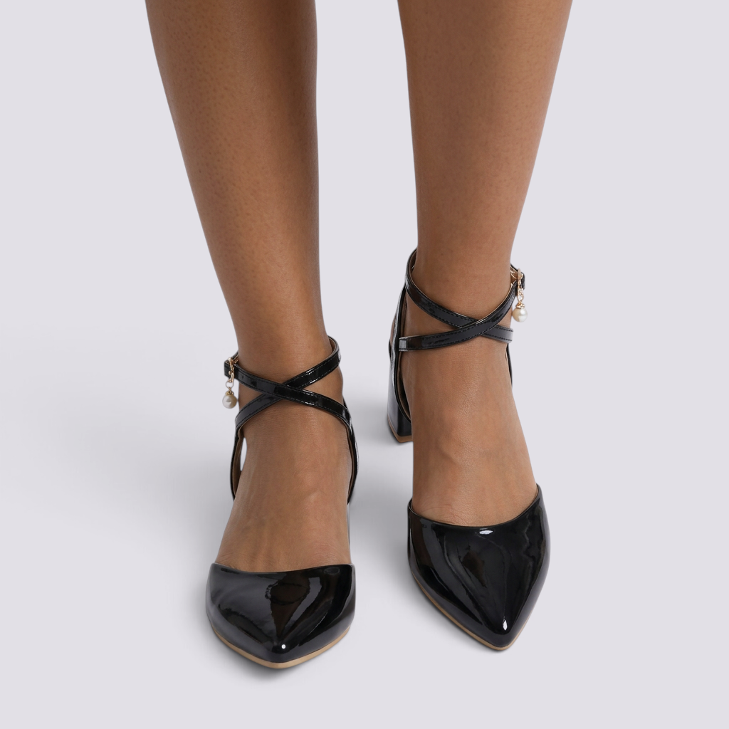 Sandalias Tacón Grueso Hebilla Mujer - Negro - Frontal