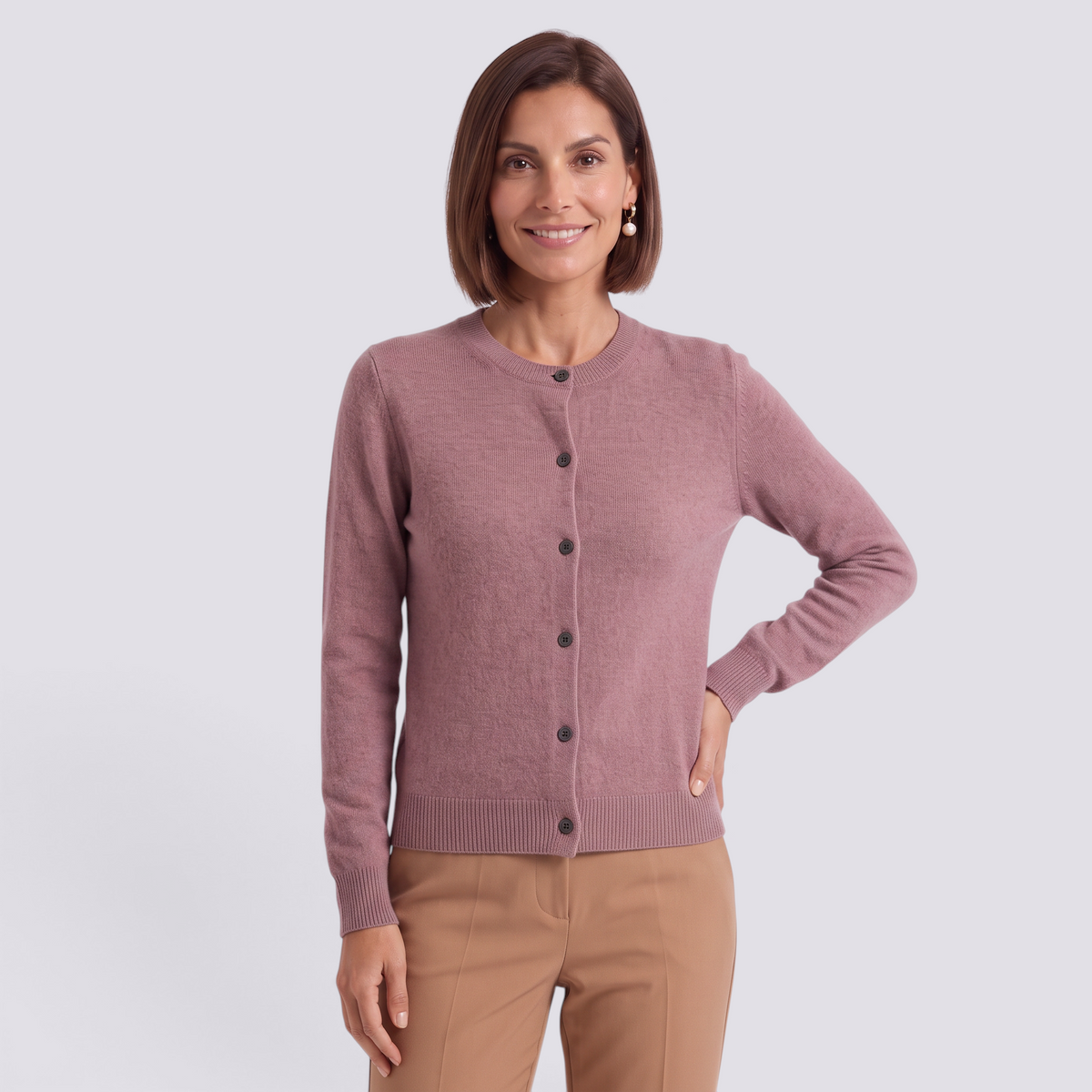 Cárdigan punto mujer cuello redondo rosa - vista frontal