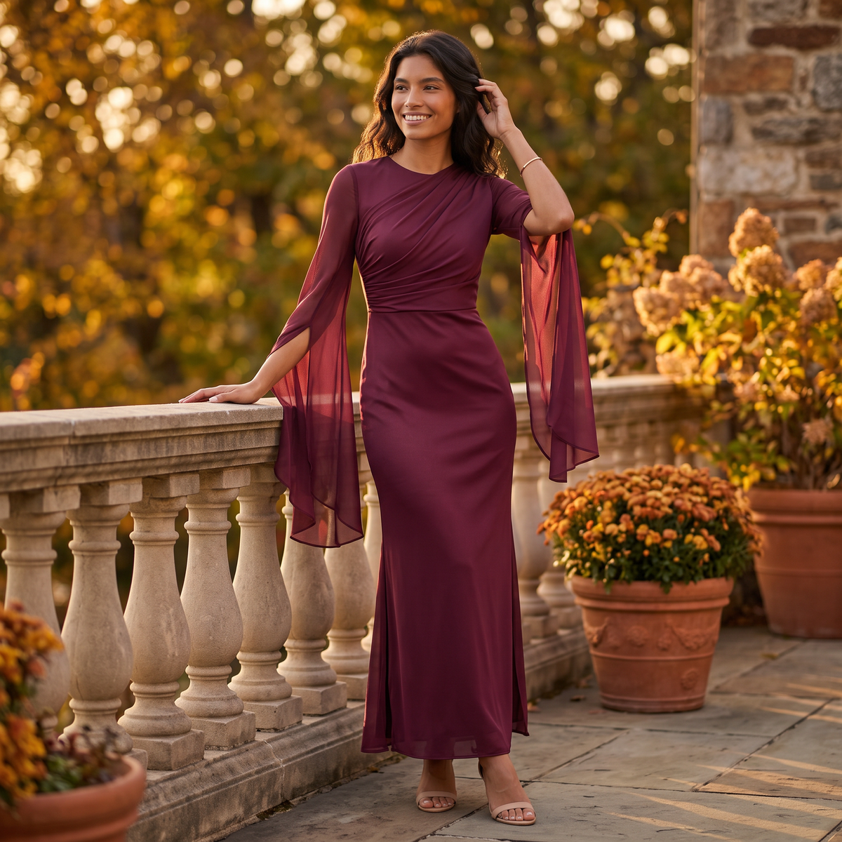 Vestido largo mujer manga acampanada satinado - Rojo - ambiente otoñal