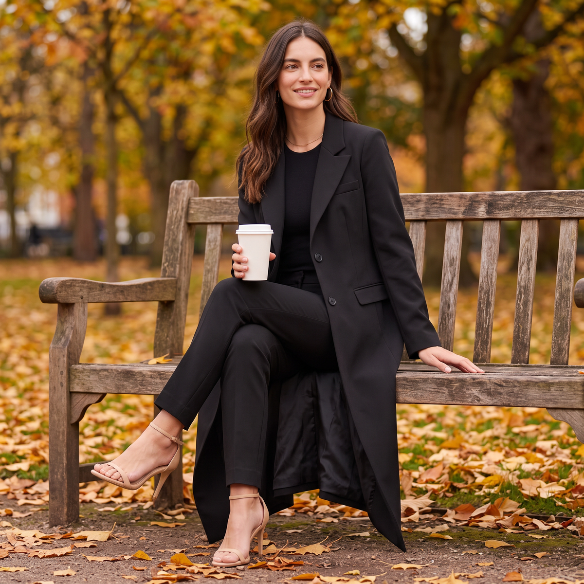 Mujer sentada en un banco de parque en otoño con abrigo largo negro y un café en la mano
