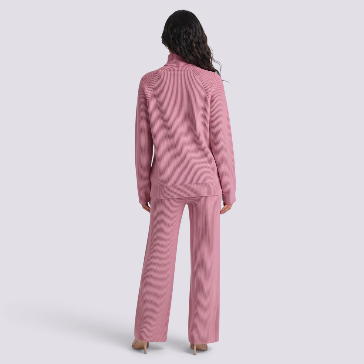 Conjunto de jersey de cuello alto con cremallera y pantalón ancho de punto rosa, vista trasera