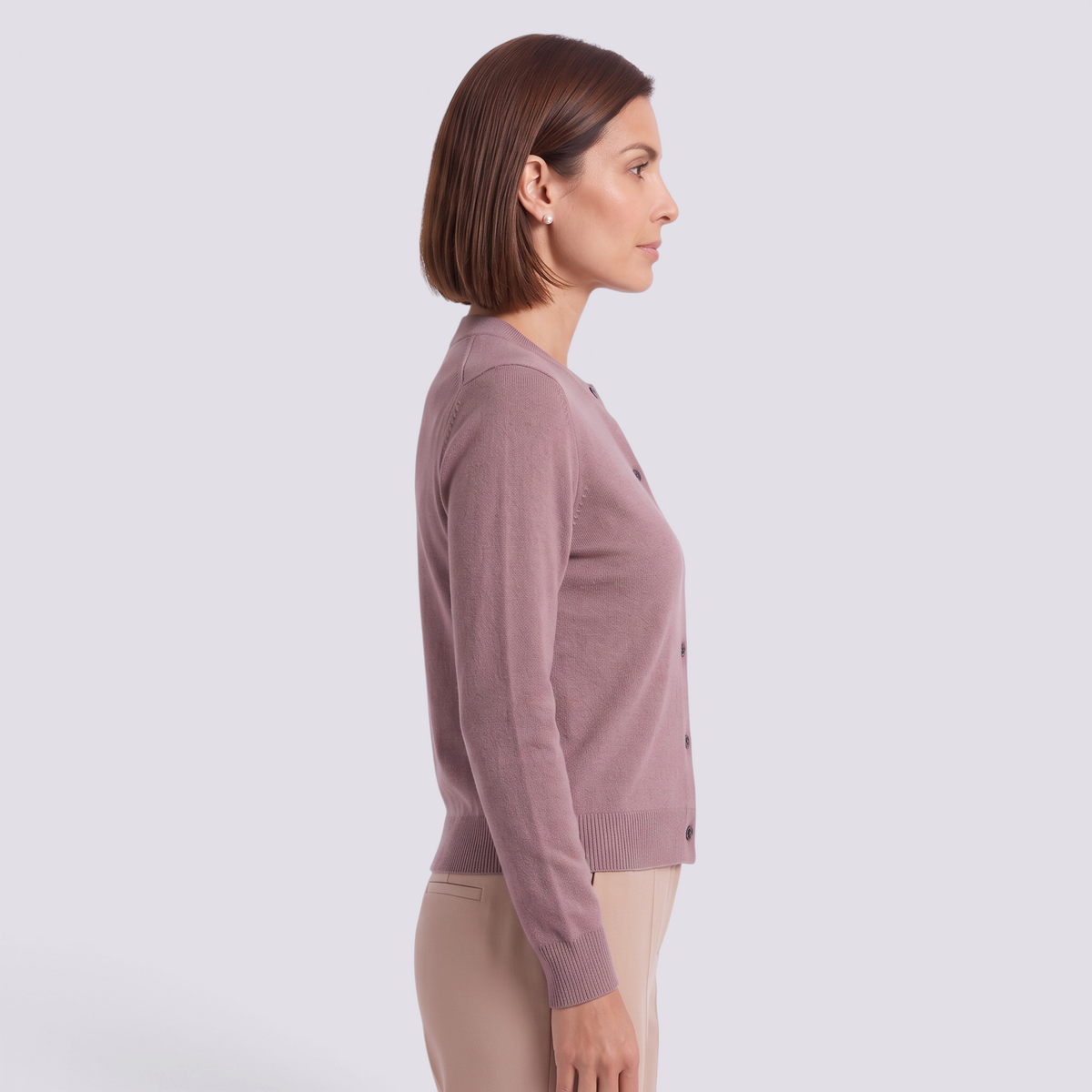 Cárdigan punto mujer cuello redondo rosa - vista lateral