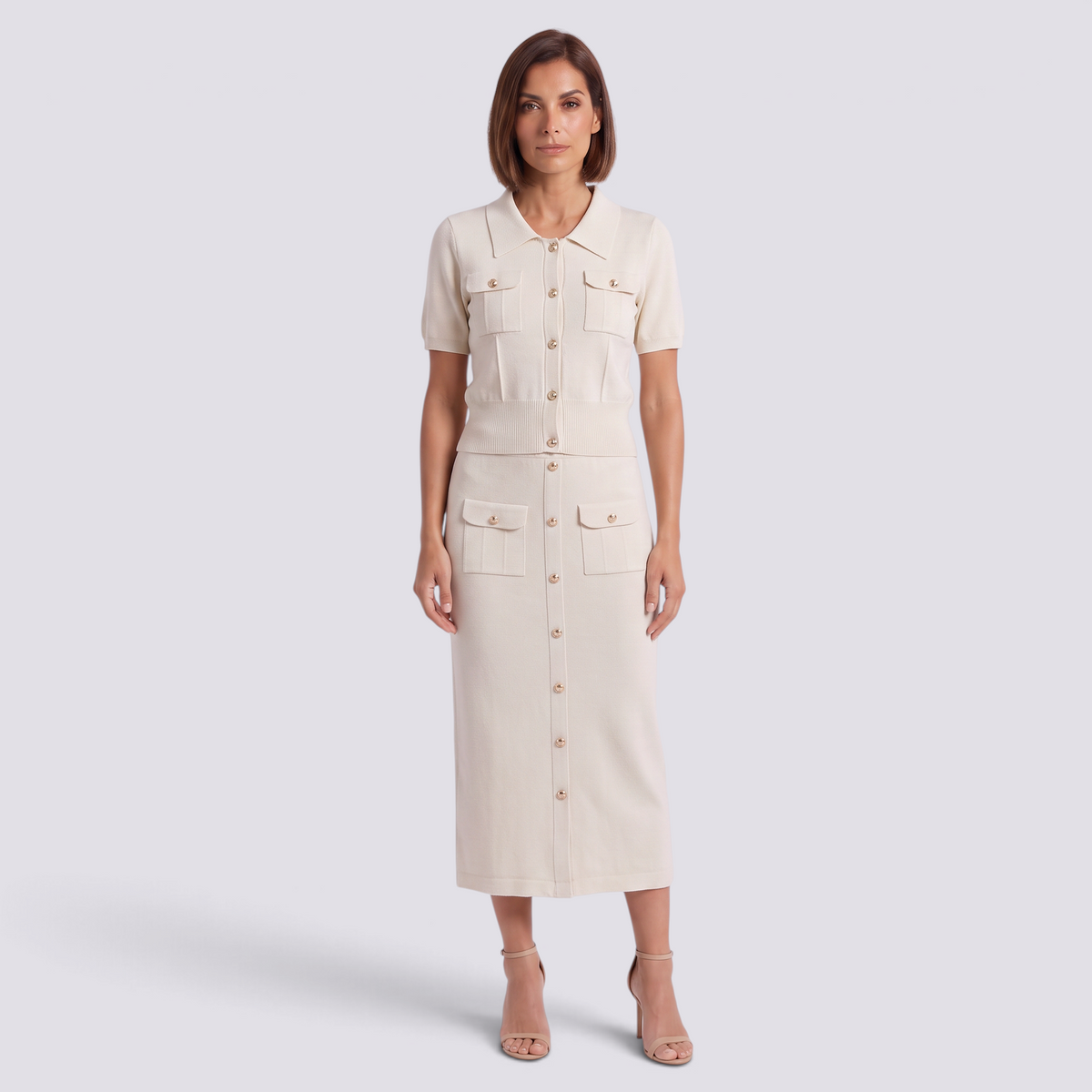 Conjunto punto mujer polo y falda con botones, blanco crema, vista frontal