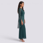 Vestido largo mujer manga acampanada satinado - Verde - vista lateral