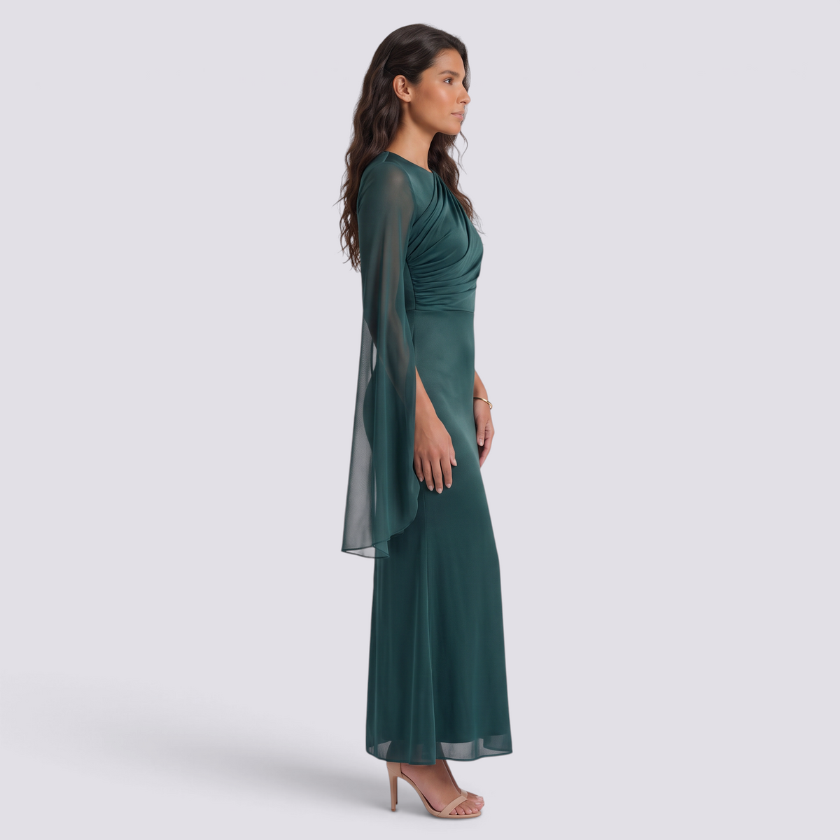 Vestido largo mujer manga acampanada satinado - Verde - vista lateral