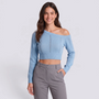 Jersey corto de mujer con hombro descubierto en azul, vista frontal