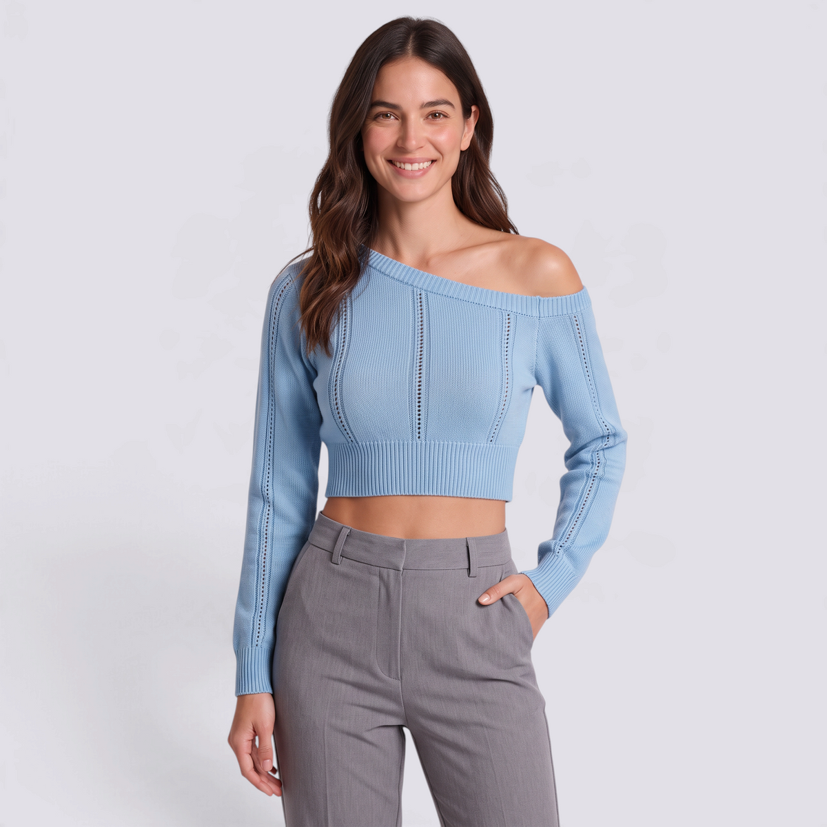 Jersey corto de mujer con hombro descubierto en azul, vista frontal