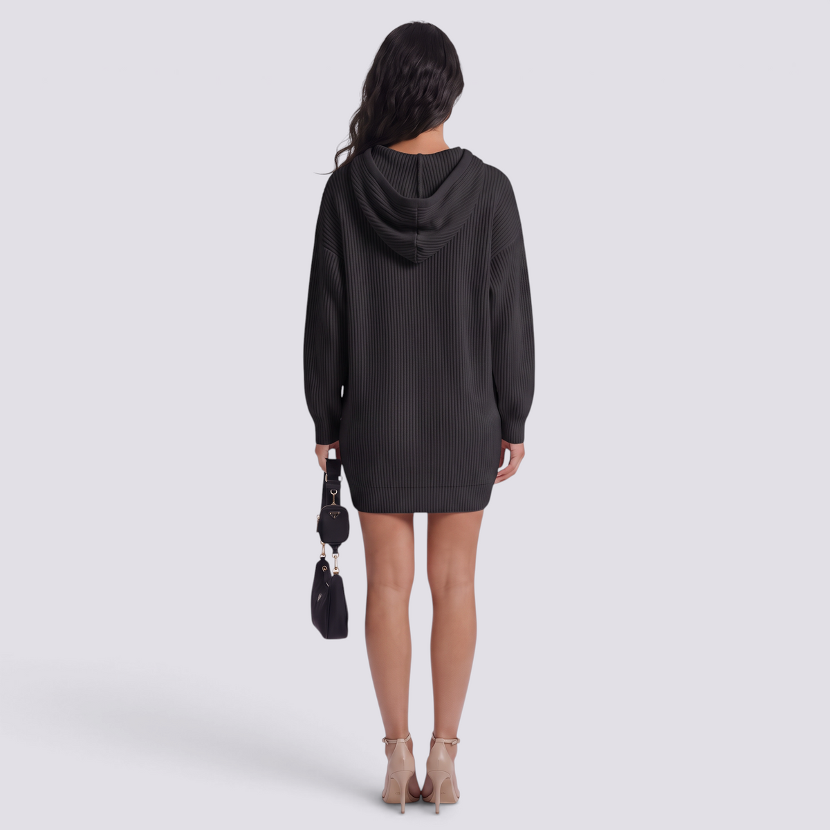 Vestido Punto Capucha Oversize Mujer Manga Larga - Negro - Espalda