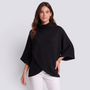 Poncho mujer negro de cuello alto cruzado con mangas murciélago, vista frontal