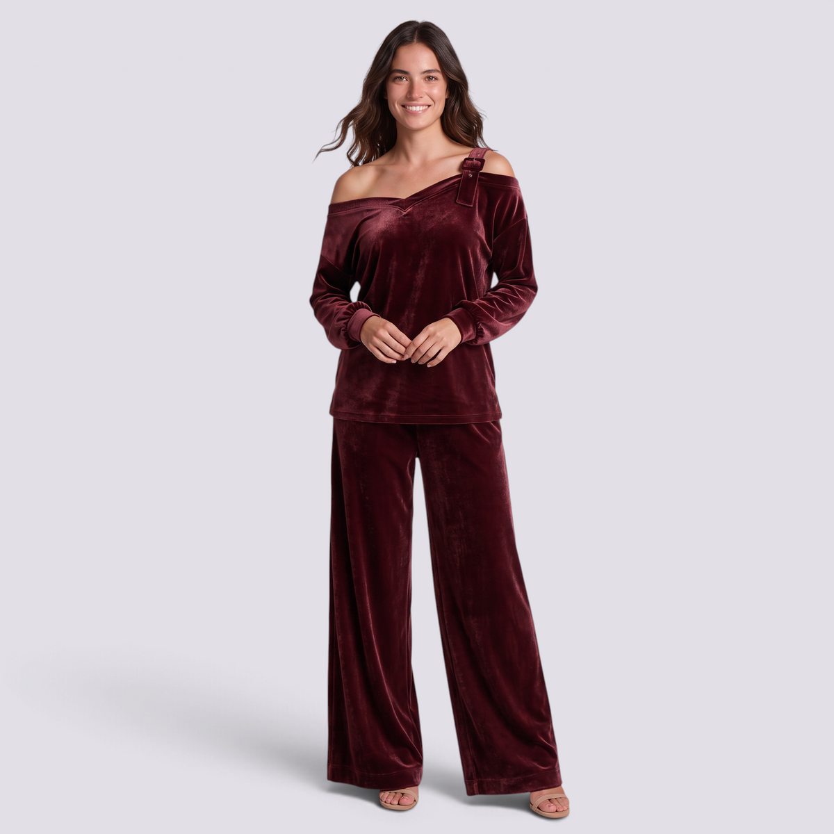 Conjunto Mujer Hombro Asimétrico y Pantalón Ancho - Burdeos - frontal