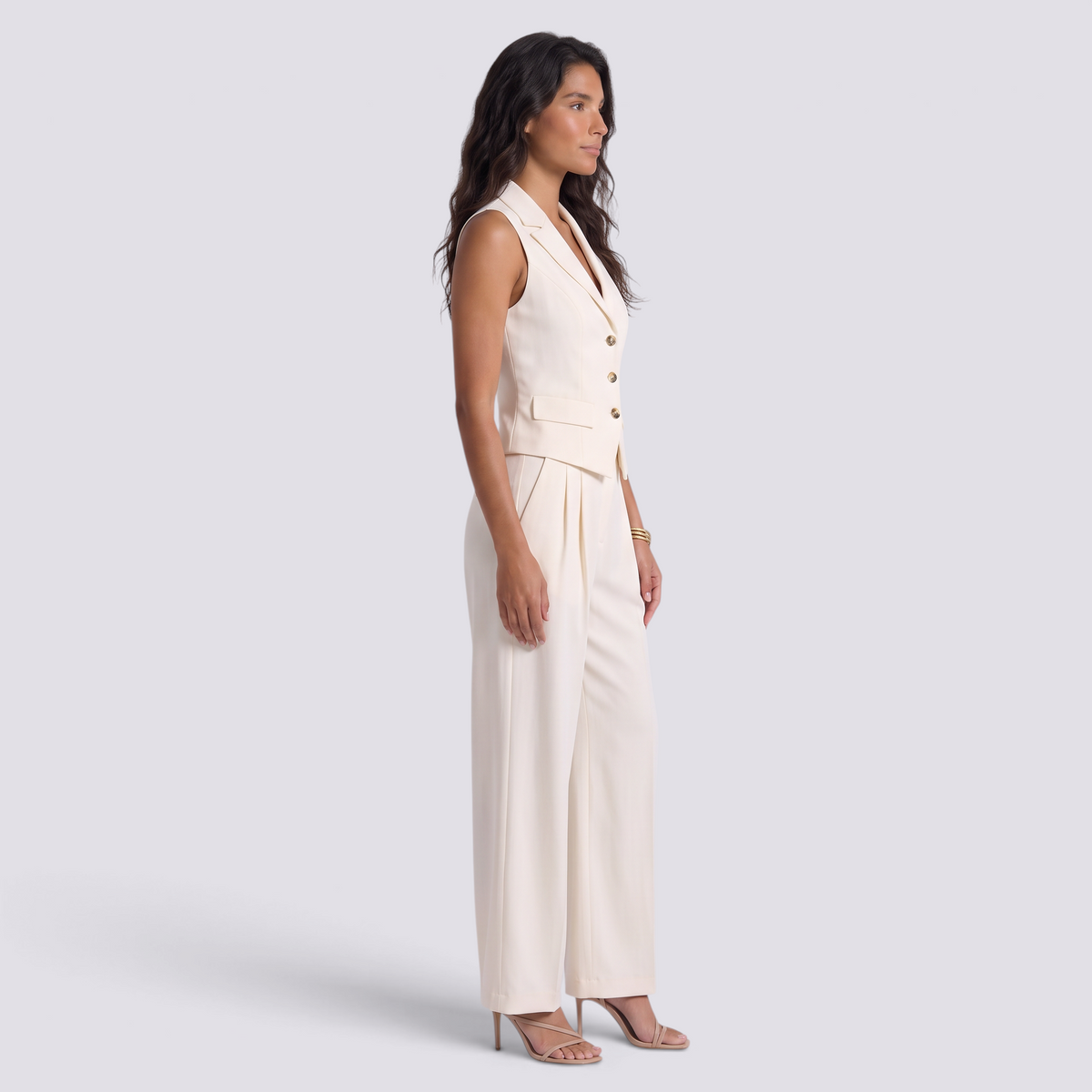 Conjunto Chaleco Sin Mangas Mujer Pantalon Ancho - Offwhite Side