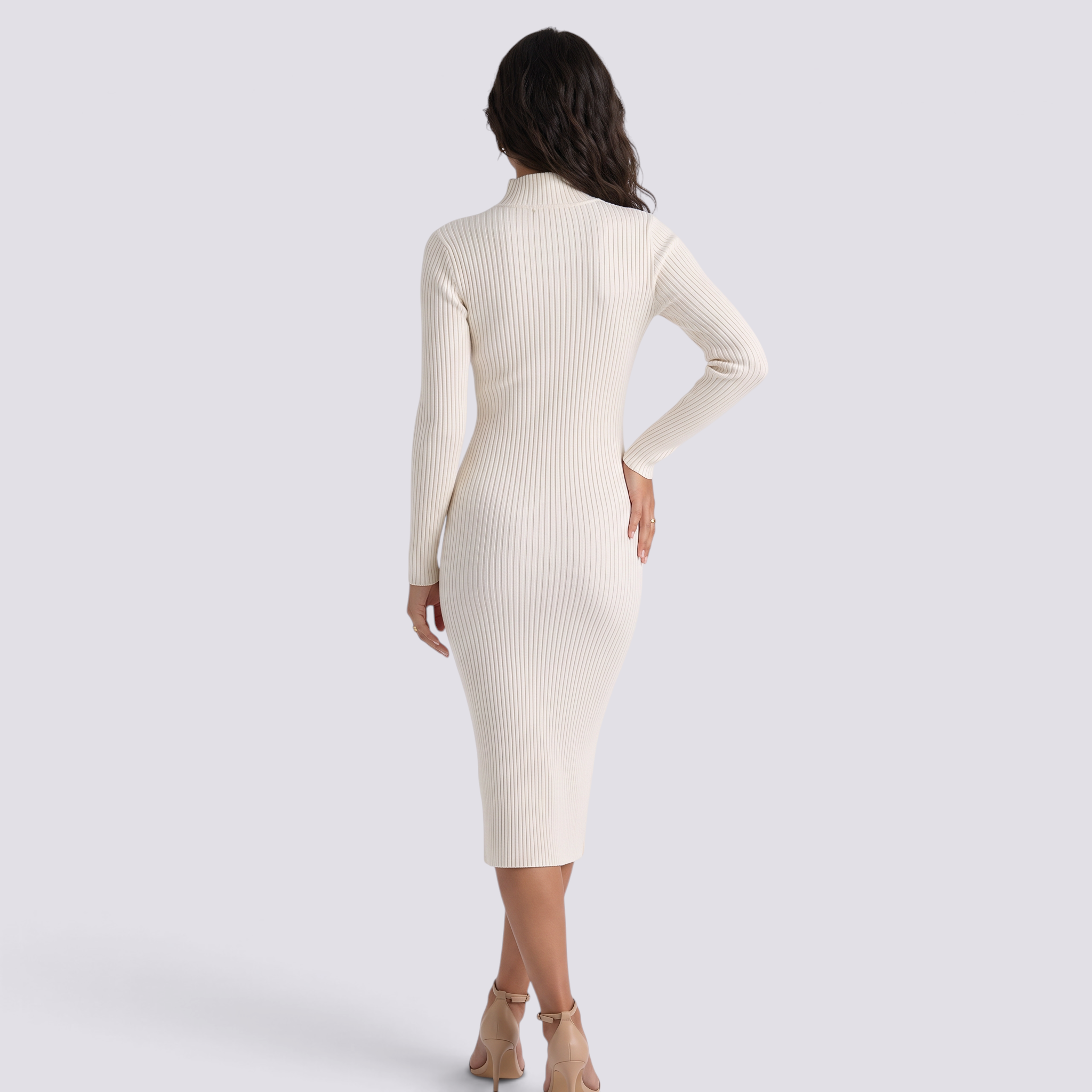 Vestido Punto Canalé Mujer Cuello Alto - Blanco Marfil - Espalda