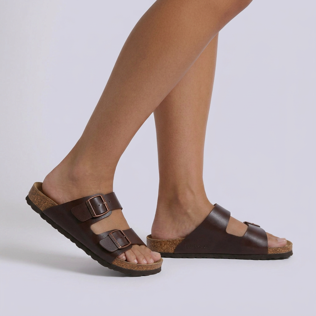 Sandalias planas mujer hebilla doble corcho marrón vista lateral