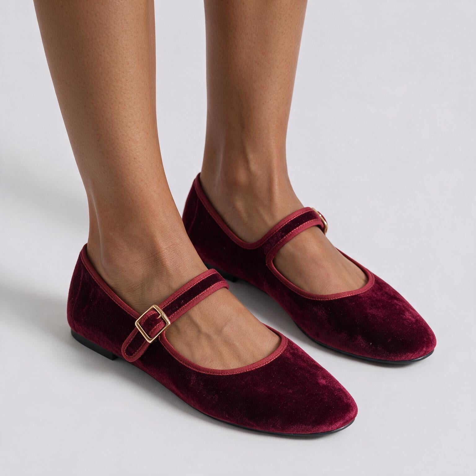 Bailarinas de terciopelo rojo oscuro con hebilla, vista frontal