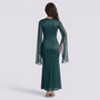 Vestido largo mujer manga acampanada satinado - Verde - vista trasera