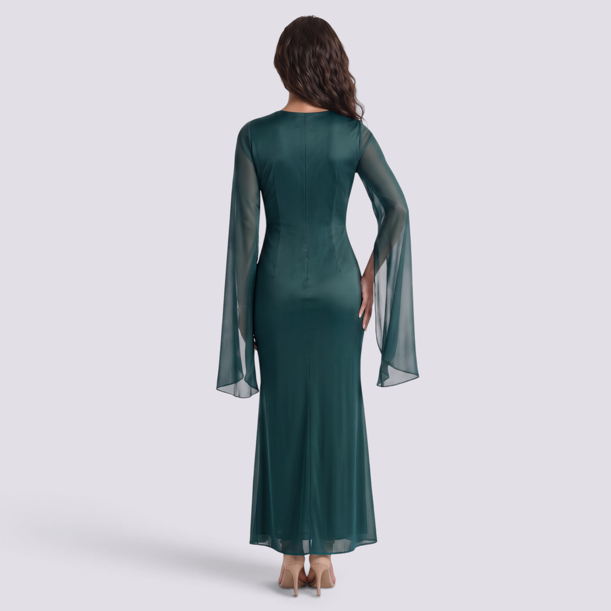 Vestido largo mujer manga acampanada satinado - Verde - vista trasera