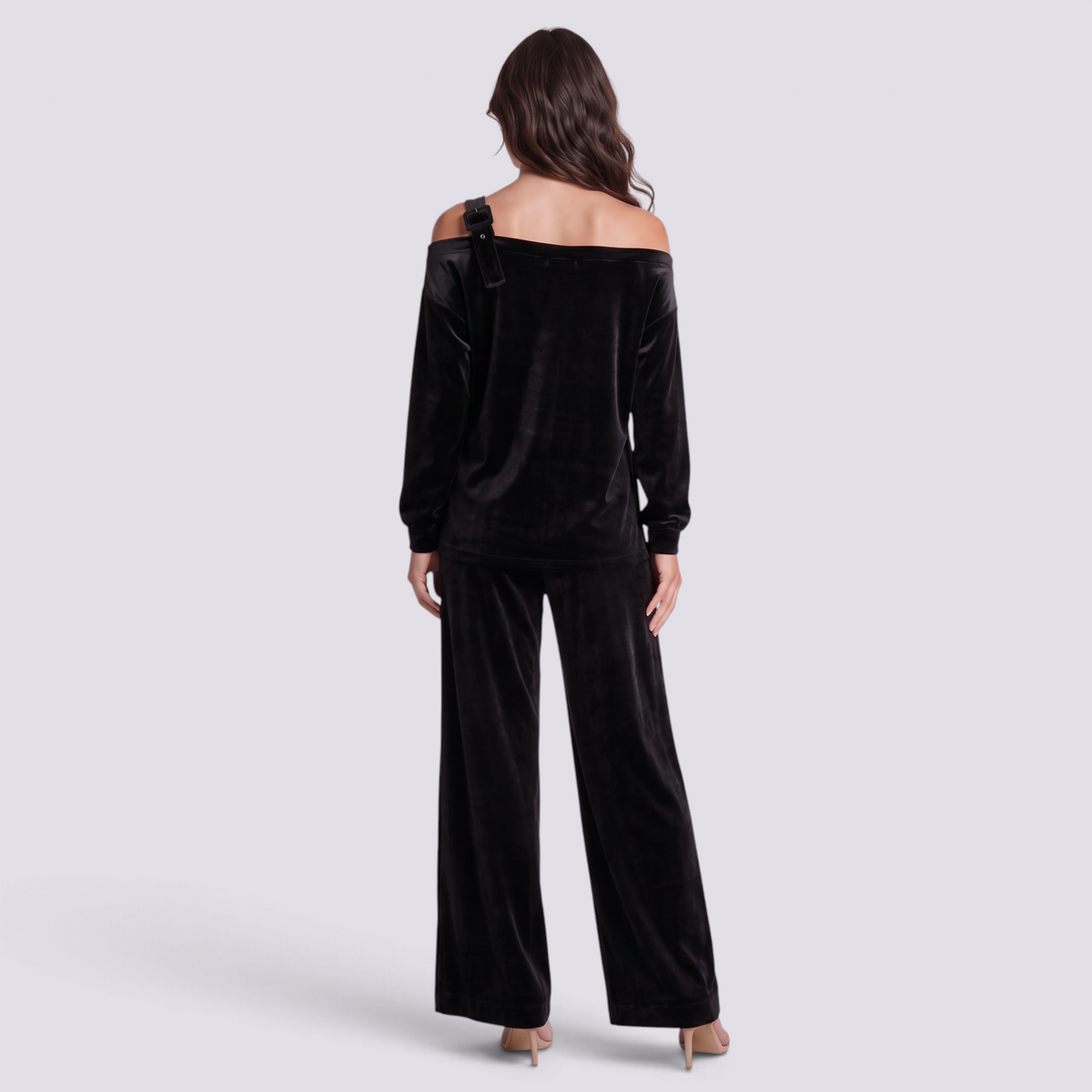 Conjunto Mujer Hombro Asimétrico y Pantalón Ancho - Negro - trasera