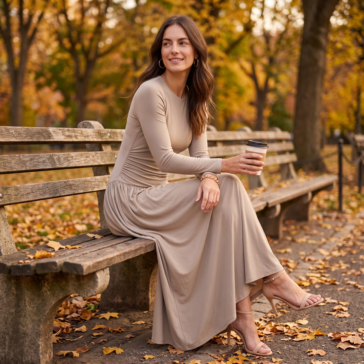 Vestido largo mujer manga larga con falda fruncida, look de otoño sentada en un banco del parque