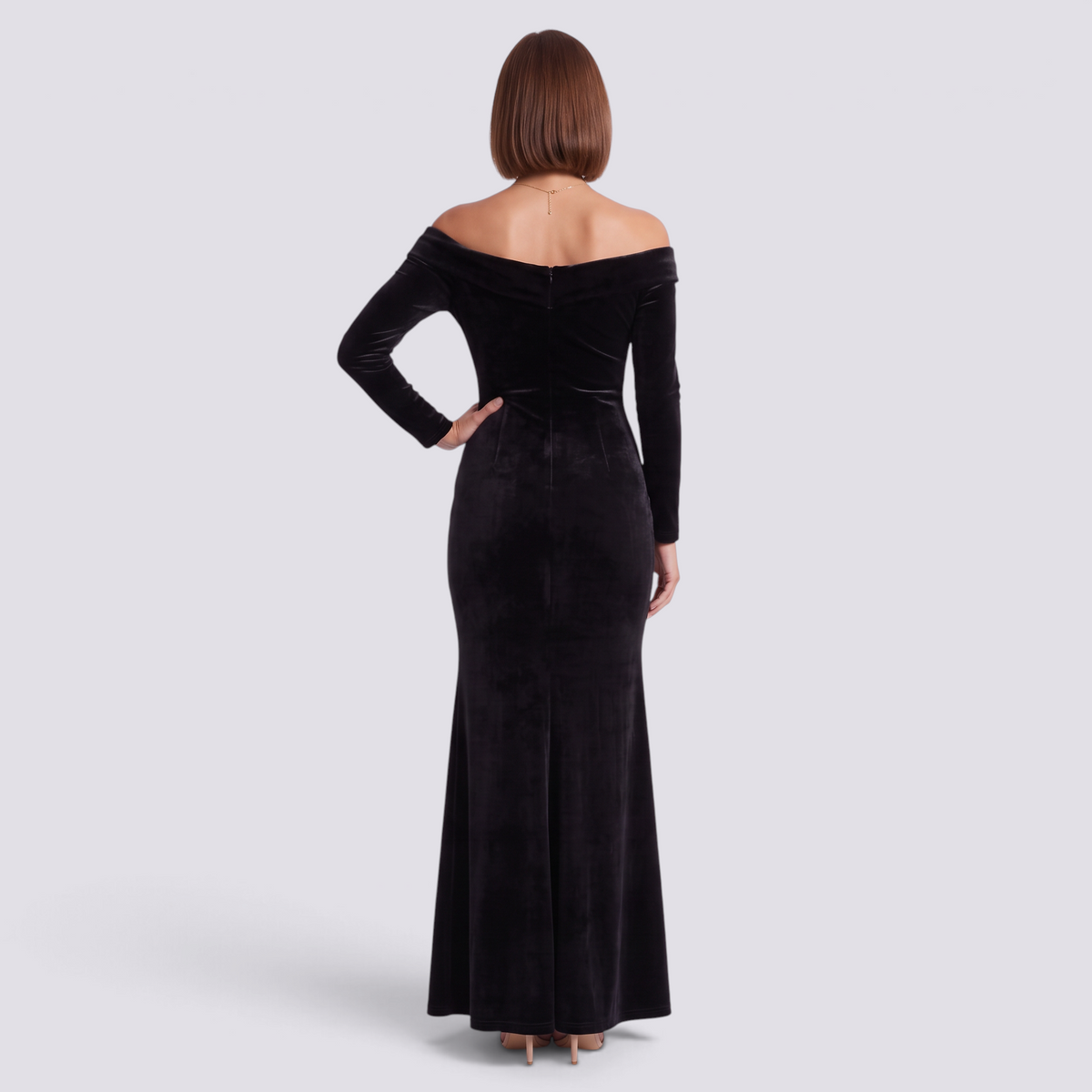 Vestido Terciopelo Mujer Escote Bardot - Negro - Vista trasera