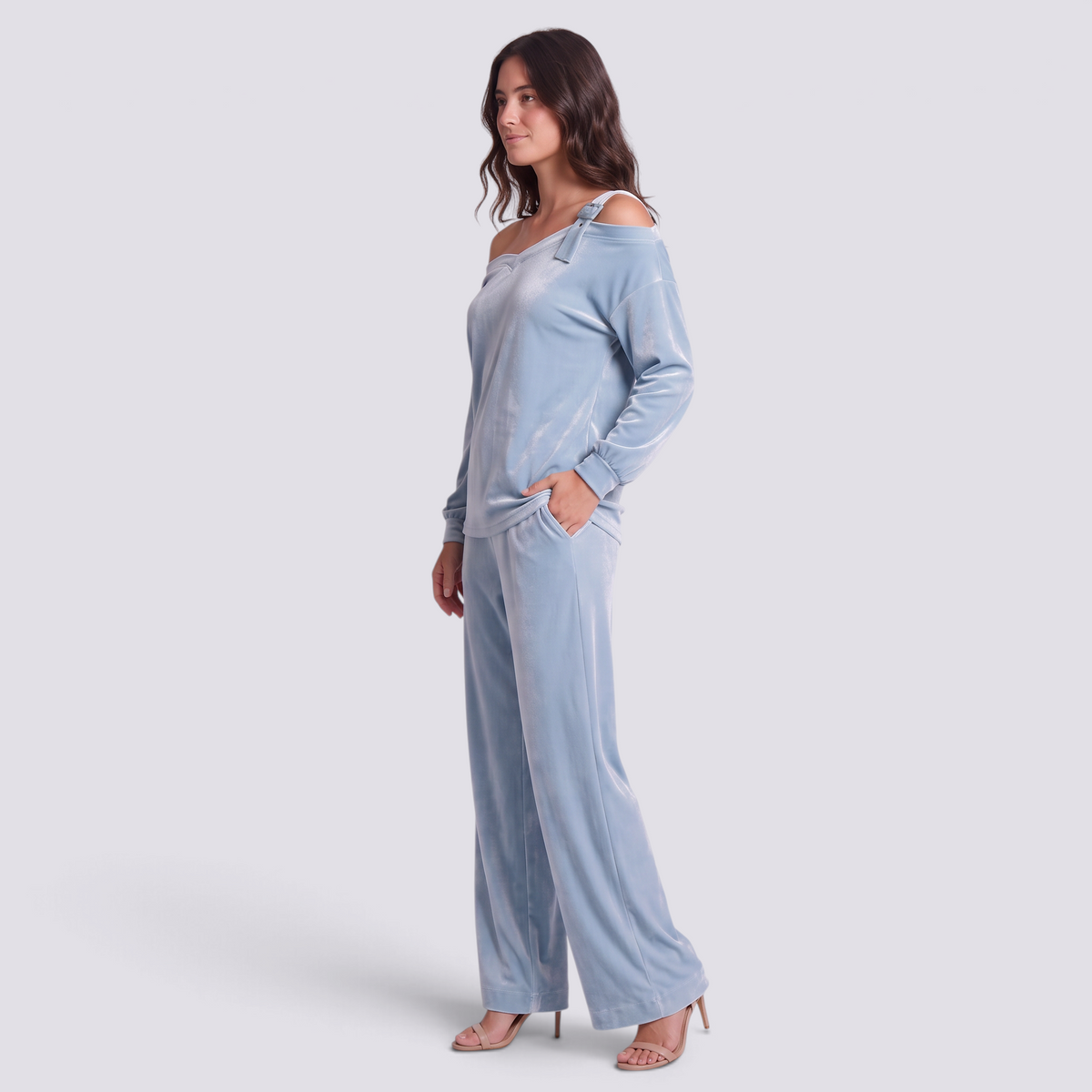 Conjunto Mujer Hombro Asimétrico y Pantalón Ancho - Azul Claro - lateral