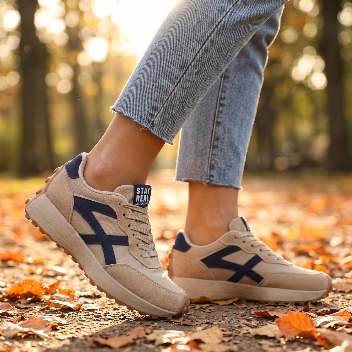 Zapatillas retro mujer beige con plataforma, primer plano otoño