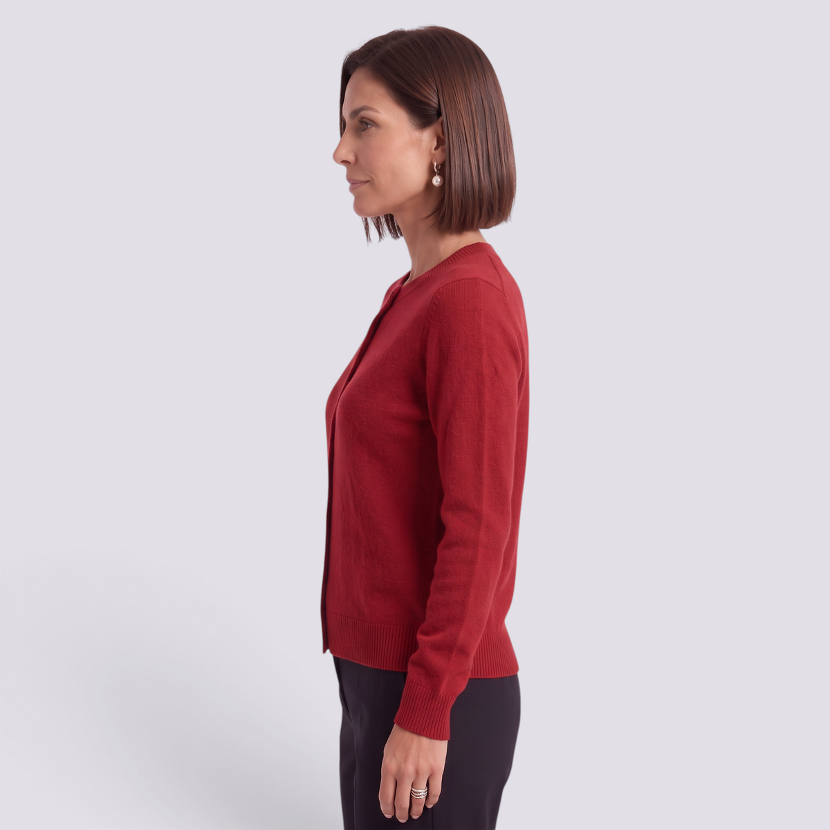 Cárdigan punto mujer cuello redondo rojo - vista lateral