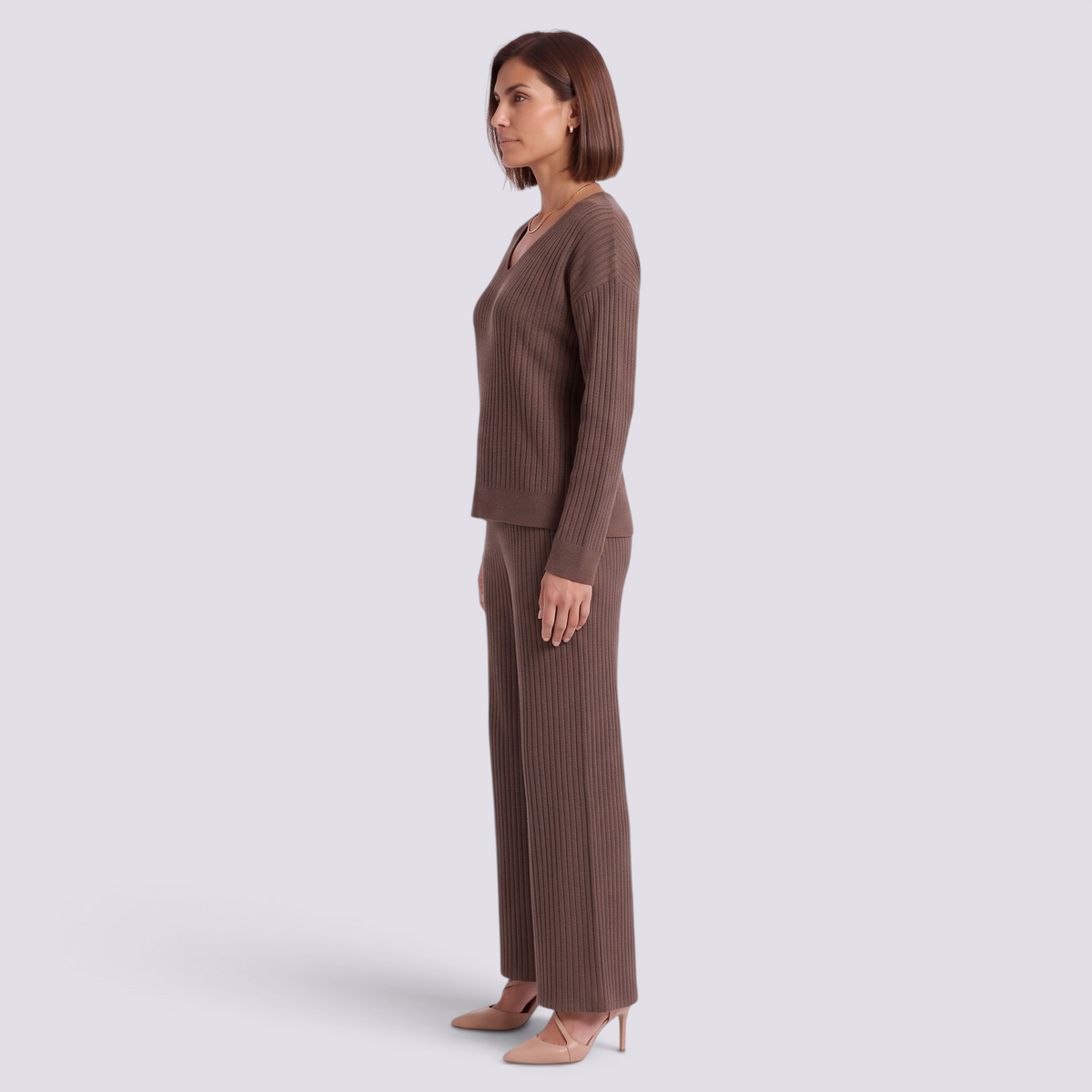 Conjunto Punto Mujer Pantalón Ancho - Café - Lateral