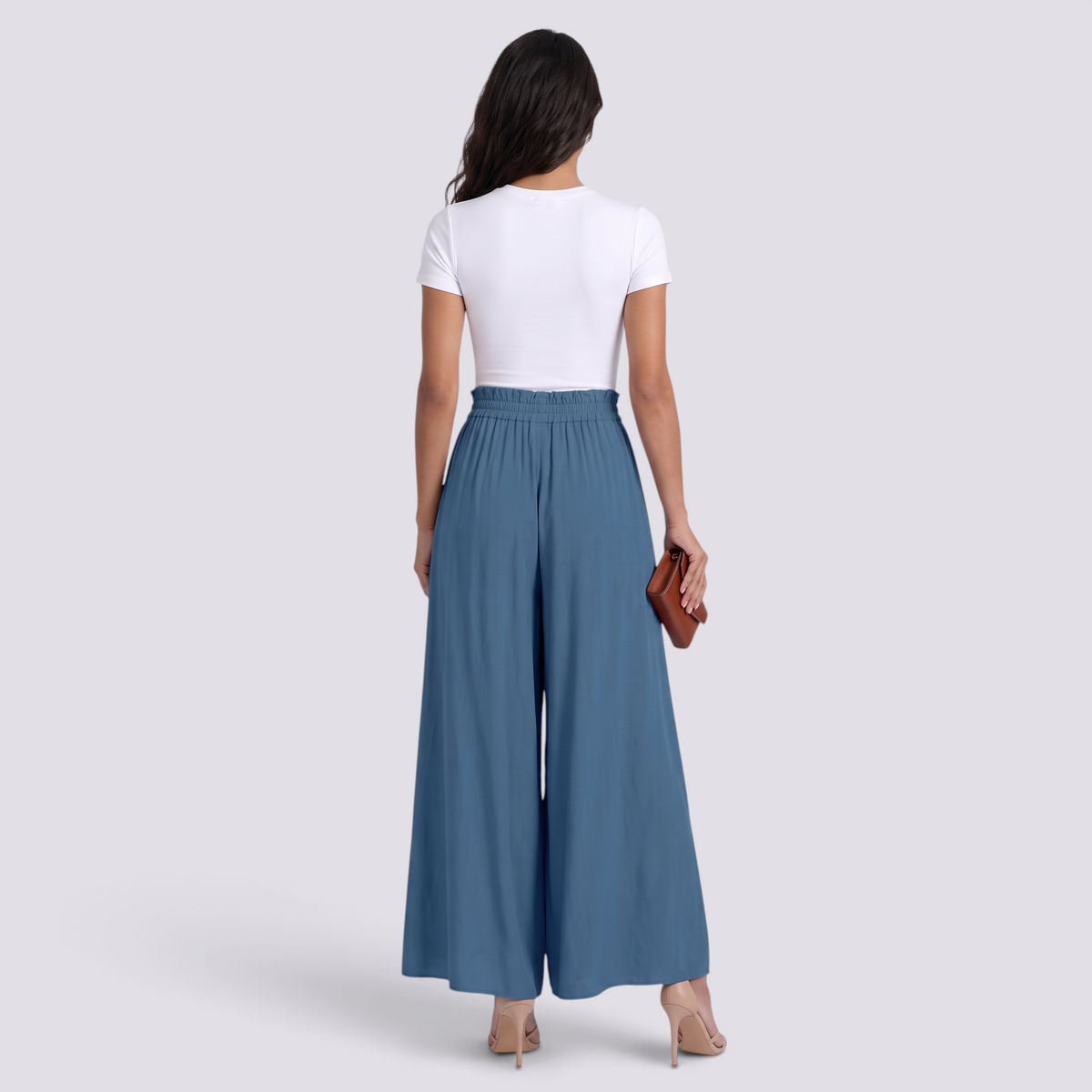 Pantalón Palazzo Mujer Cordón Ajustable - Azul Acero - Vista Trasera