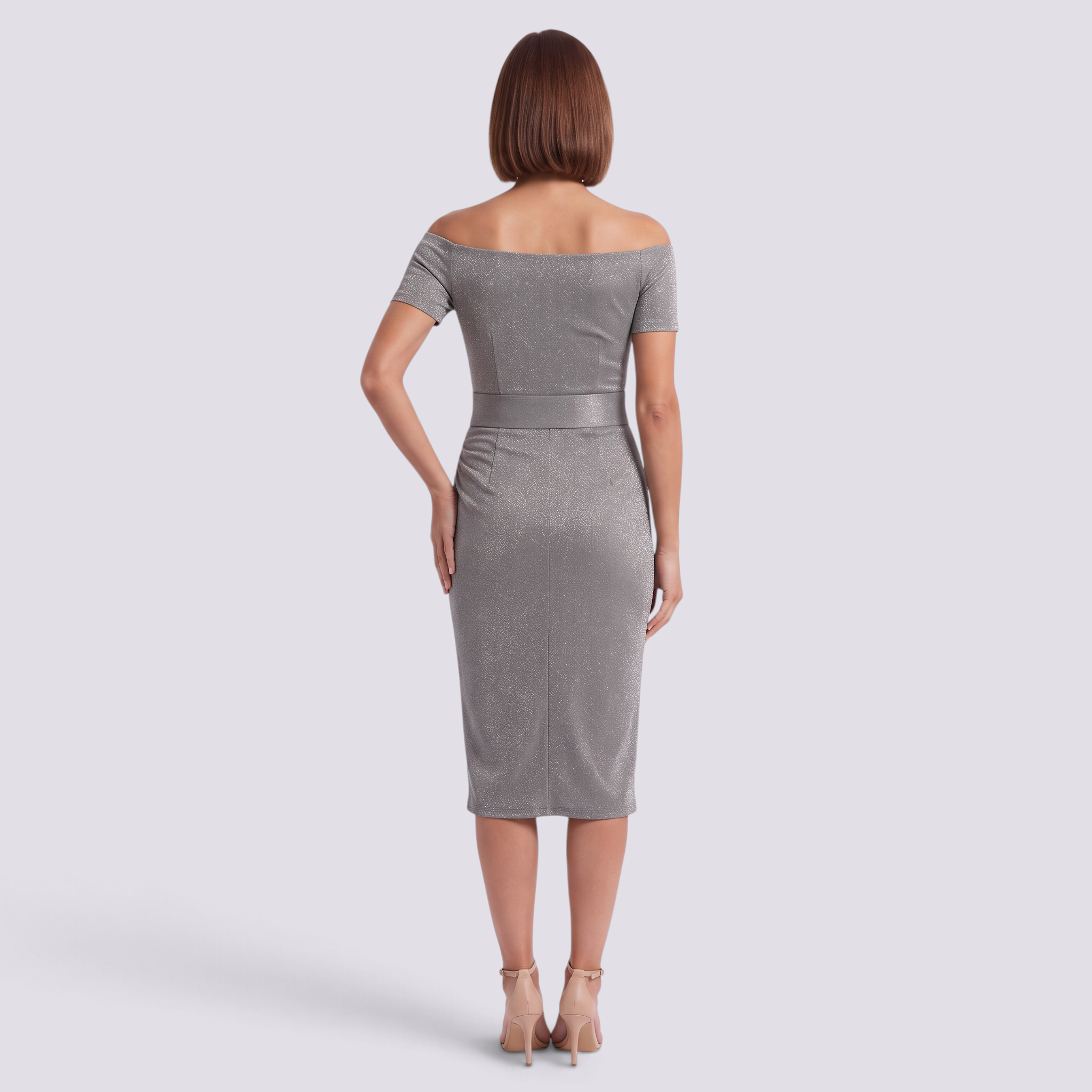Vestido midi brillante hombros descubiertos plateado, vista trasera