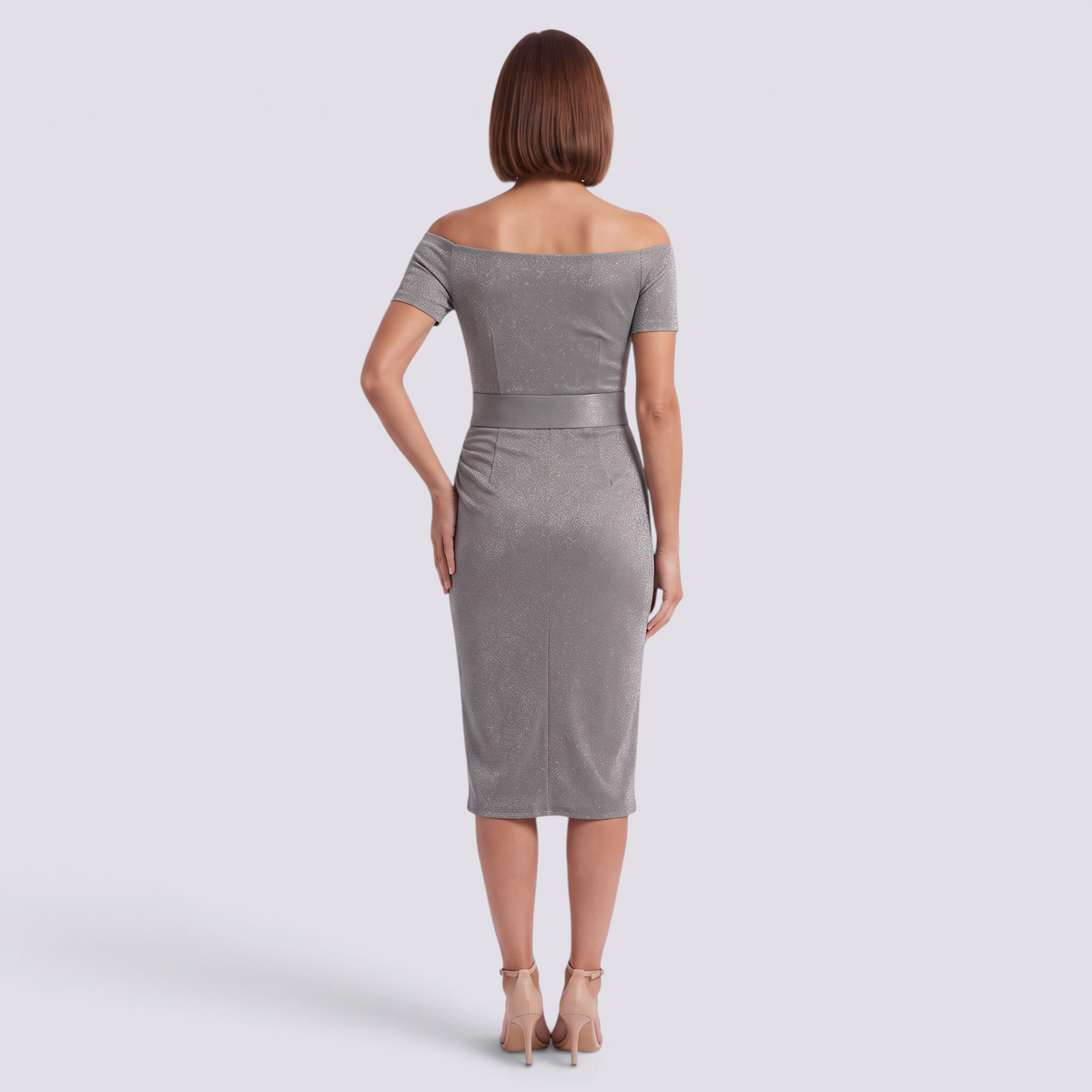 Vestido midi brillante hombros descubiertos plateado, vista trasera