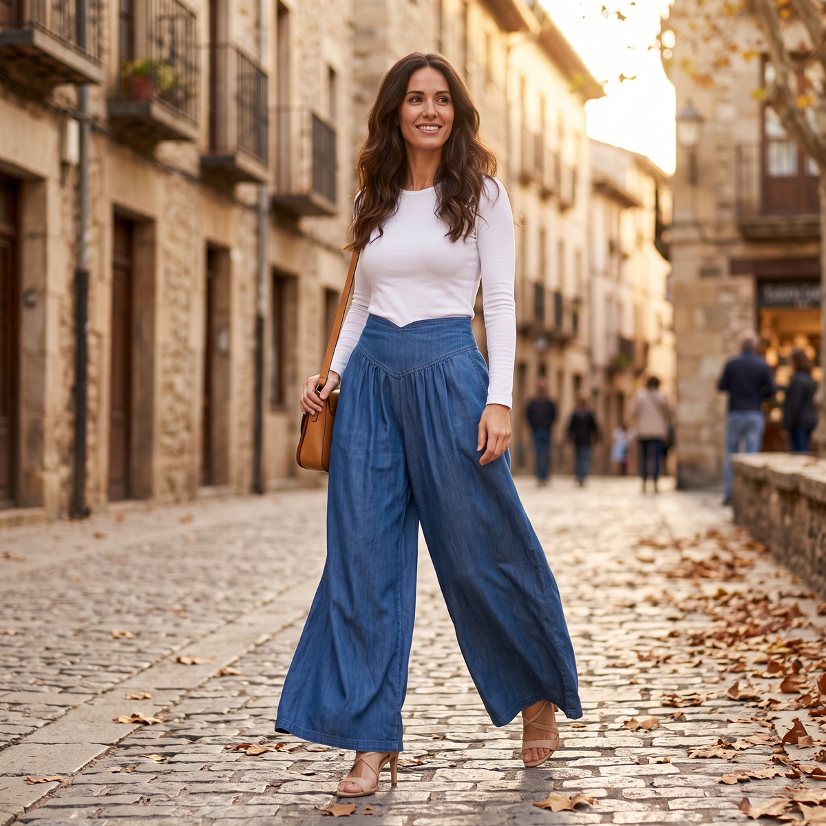 Mujer con pantalón palazzo extra ancho con frunces en azul vaquero paseando por un casco antiguo en otoño
