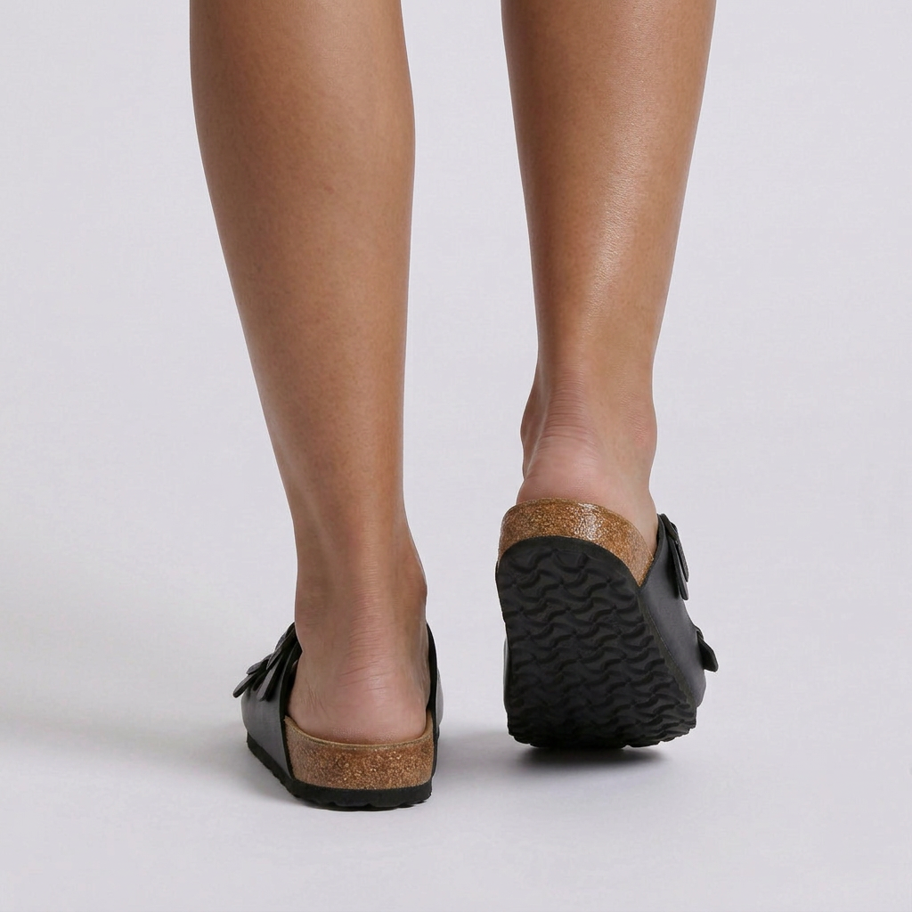 Sandalias planas mujer hebilla doble corcho negro vista trasera