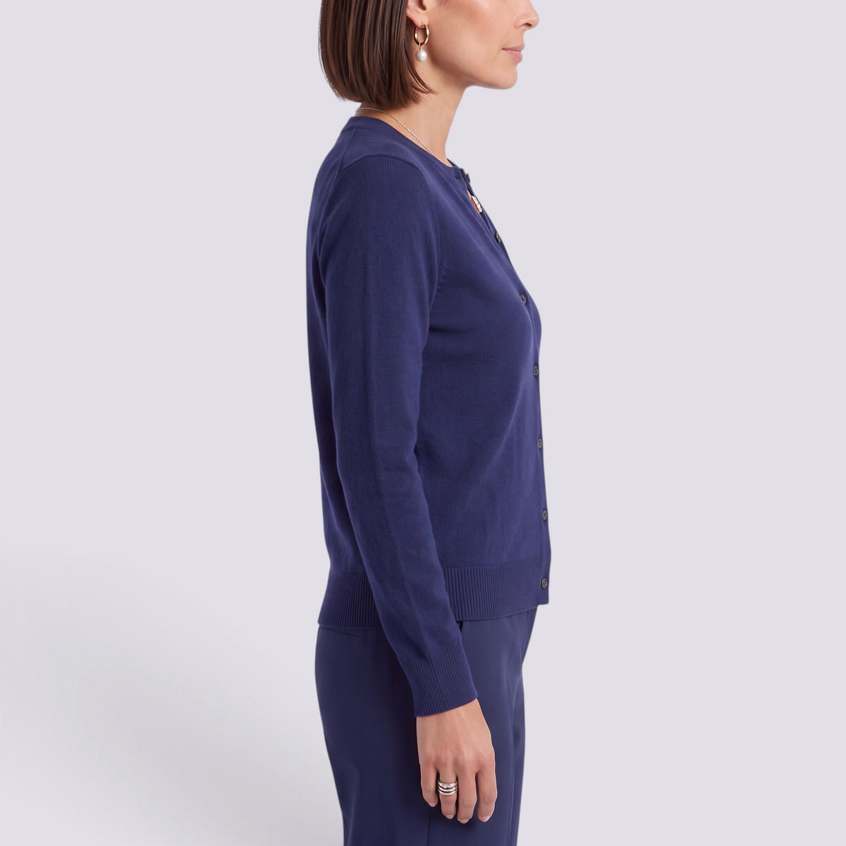 Cárdigan punto mujer cuello redondo azul marino - vista lateral