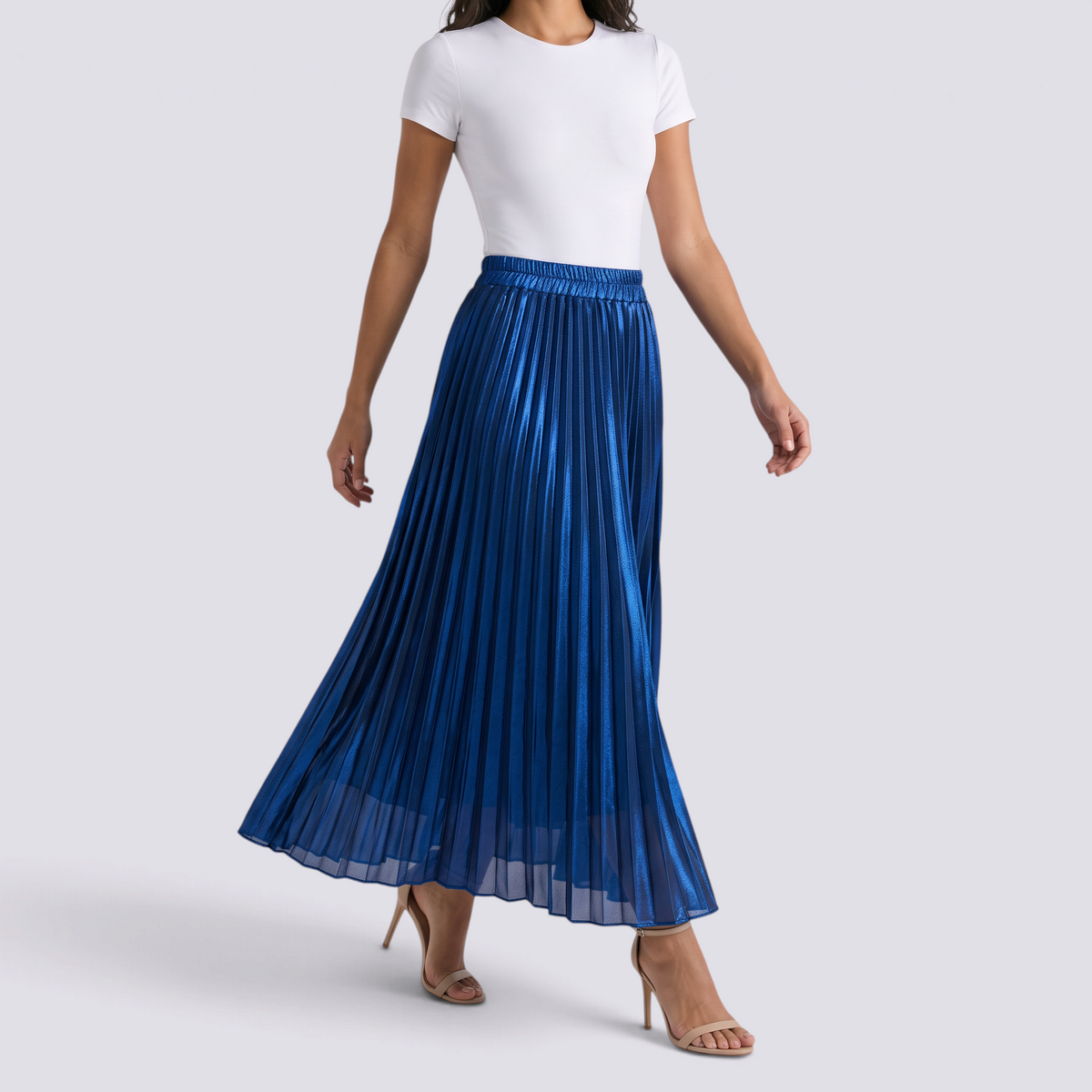 Falda larga plisada metalizada mujer en color azul, vista frontal