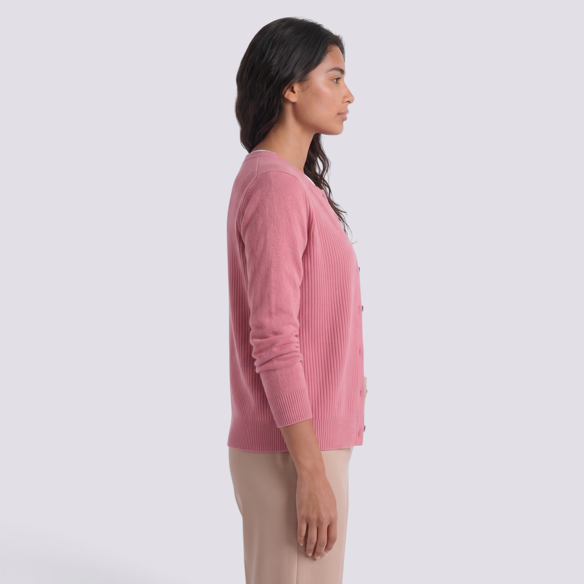Cárdigan lana mujer cuello redondo - Rosa - vista lateral