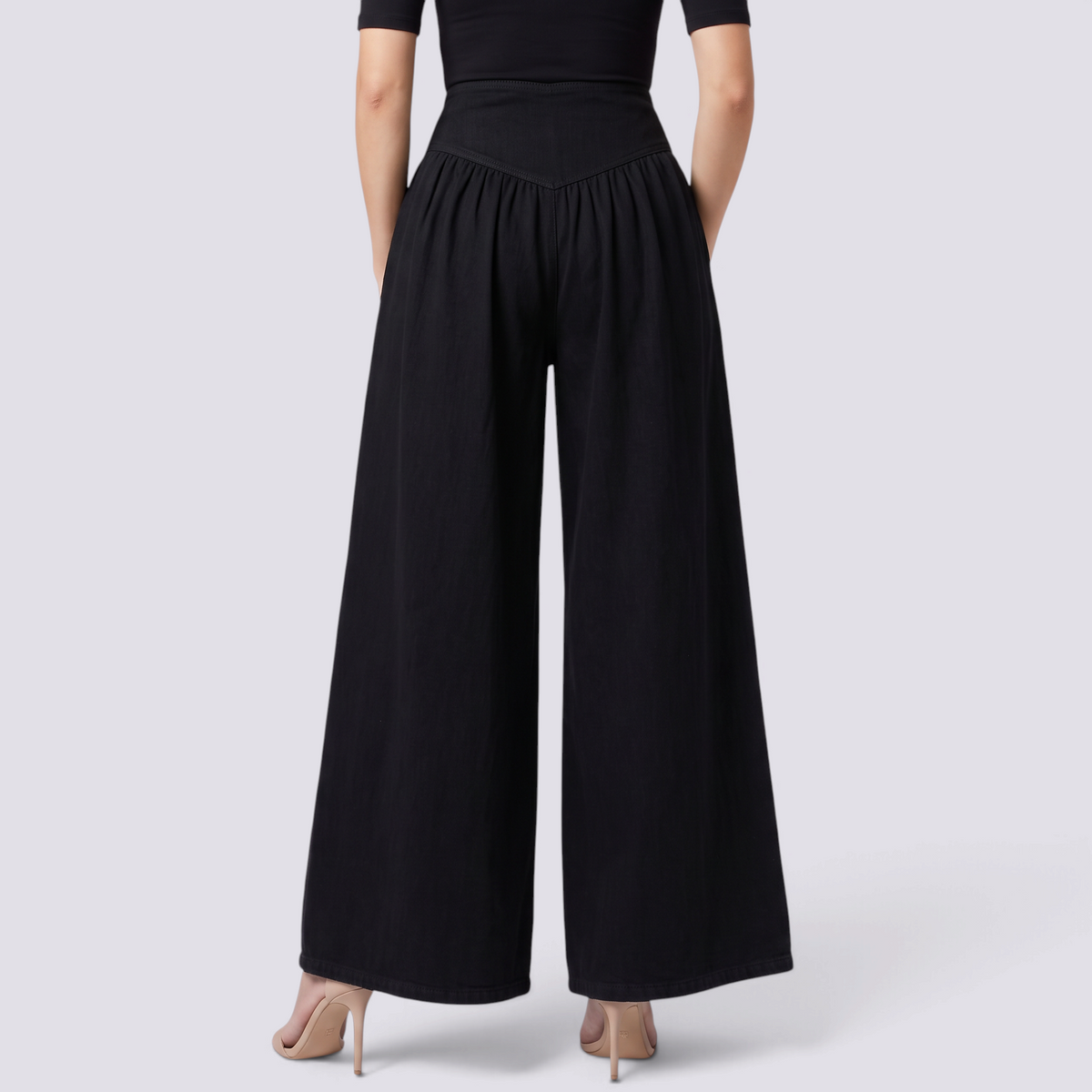 Pantalón palazzo mujer extra ancho con frunces en negro, vista trasera