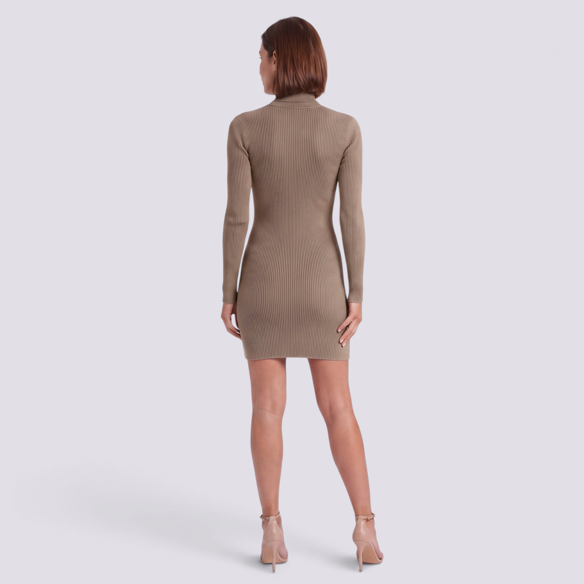 Vestido Mini Canalé Cuello Alto Mujer - Caqui - Espalda