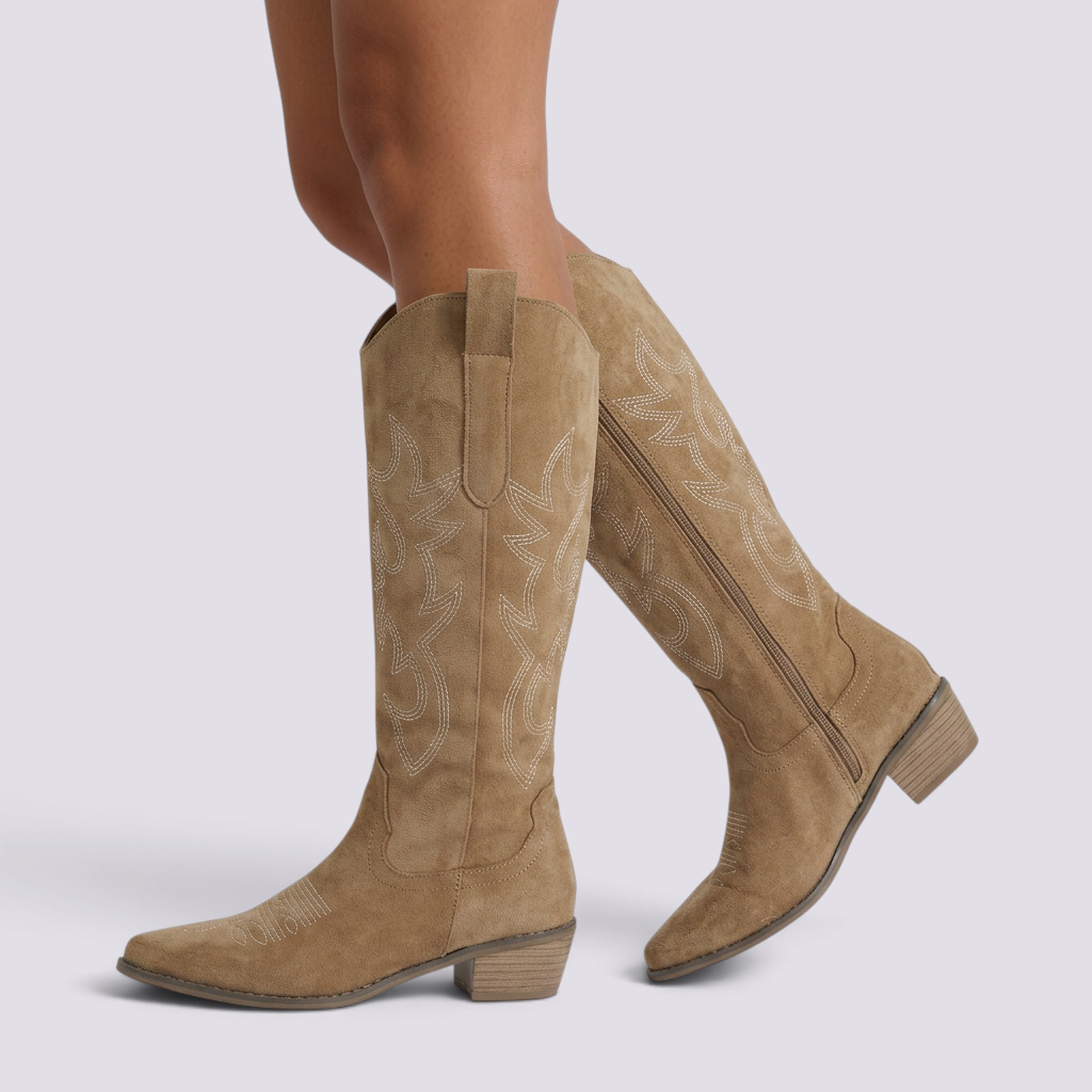 Botines punta fina bordados mujer color caqui, vista lateral