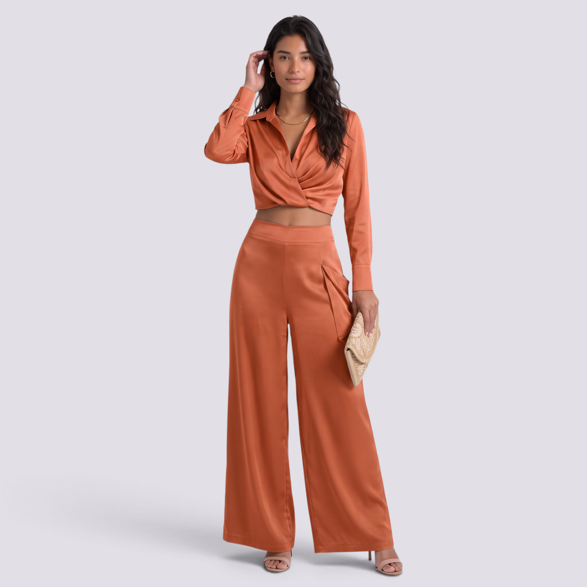 Conjunto Cruzado Mujer Pantalón Palazzo - Naranja Front