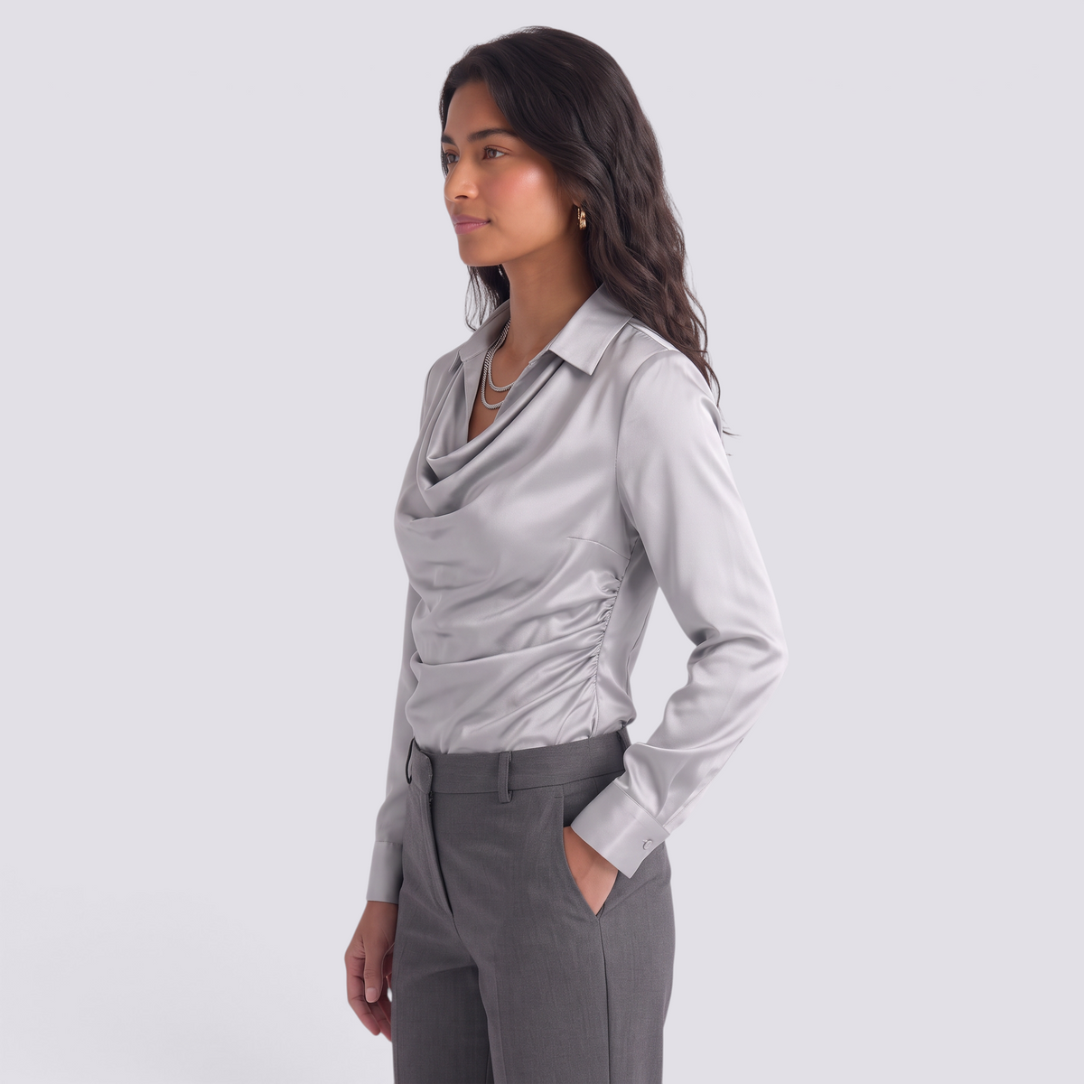 Blusa Satinada Mujer Cuello Drapeado - Gris - Lateral