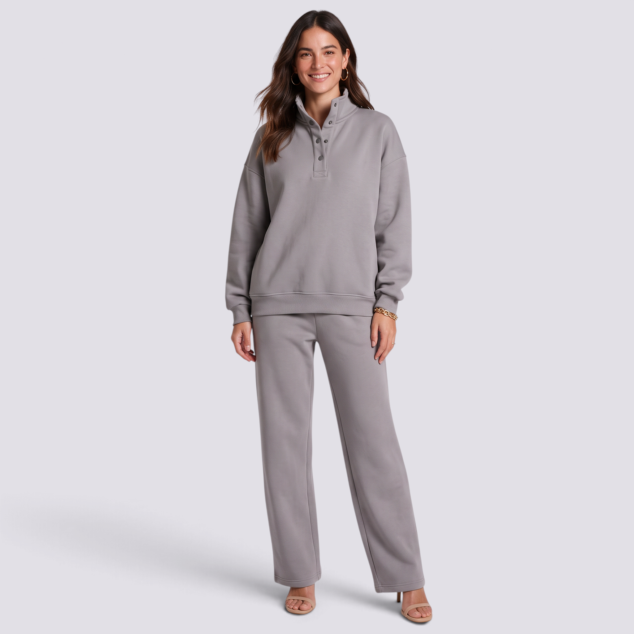 Conjunto sudadera oversize cuello alto y pantalón mujer gris, vista frontal