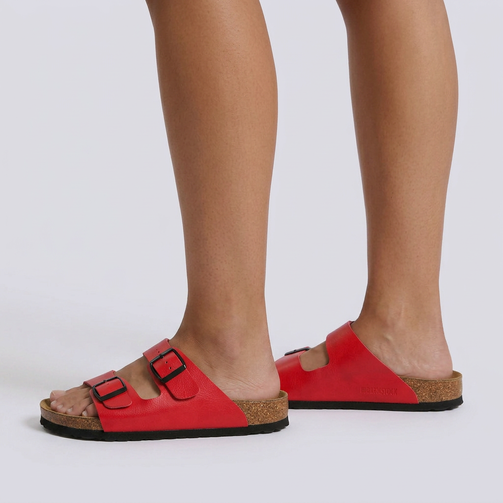 Sandalias planas mujer hebilla doble corcho rojo vista lateral