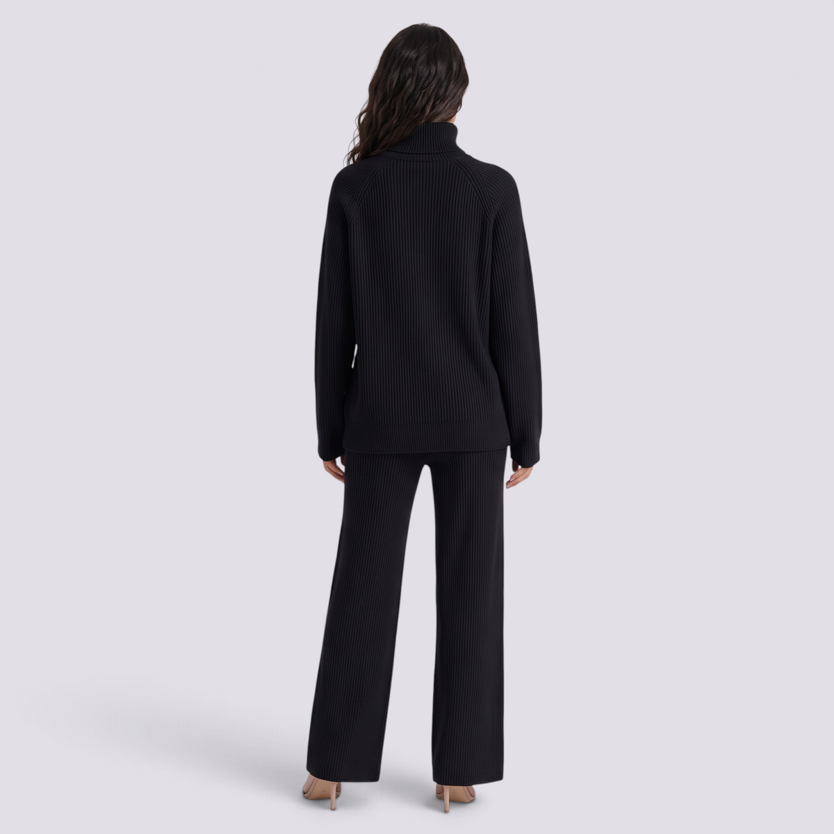 Conjunto de jersey de cuello alto con cremallera y pantalón ancho de punto negro, vista trasera